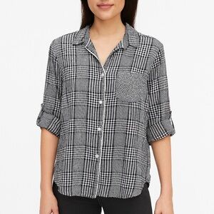 Victoria’s Secret Black White Micro Plaid Roll Sleeve Button Down PJ Top Medium